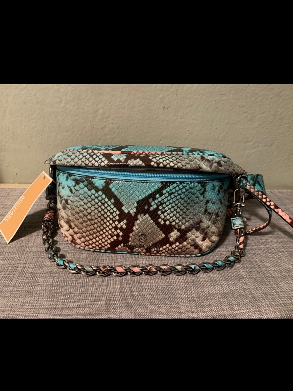 Michael Kors Turquoise and Black Snake-Print Leather Sling Bag with Chain Trim